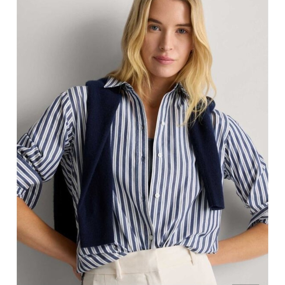Quince Organic Cotton Poplin Long Sleeve Boyfriend Shirt Hudson Stripe RK001 M